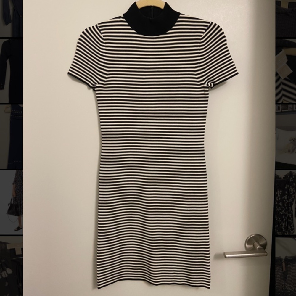 Michale Kors Black and White Striped Mock Neck Bodycon Dress